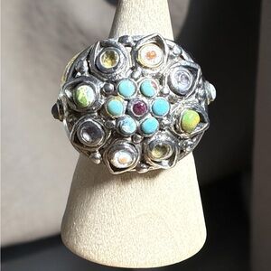 Barse Sterling Silver Multi-Gemstone Statement Ring | Turquoise & Garnet Clus